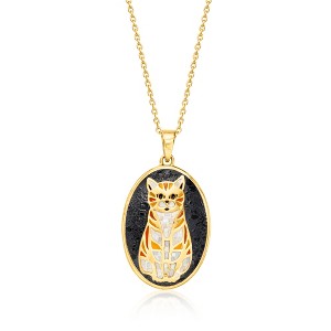 Ross-Simons Mother-Of-Pearl, Onyx and Orange Enamel Cat Mosaic Pendant Necklace in 18kt Gold Over Sterling Size 18 - 1 of 3