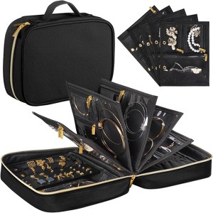 Book-Style Travel Jewelry Case with Zippered Pouch, Portable Organizer for Necklaces, Earrings, Rings & Bracelets, Black - 1 of 4
