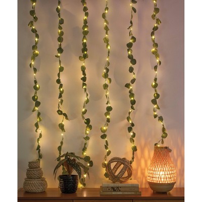 Faux Eucalyptus LED Curtain Vine Warm String Lights White/Green - West &#38; Arrow_1