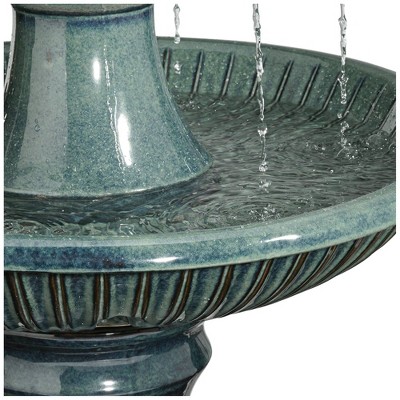 Teal Blue Ceramic 3-Tier Outdoor Floor Water Fountain with LED Light