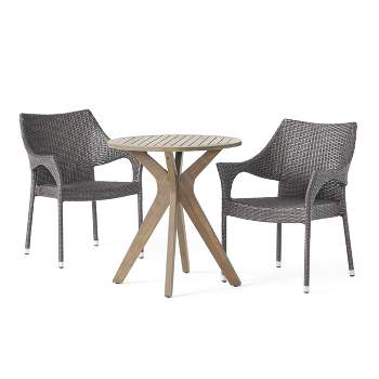 Bryant 3pc Acacia Wood & Wicker Bistro Set - Gray/Gray - Christopher Knight Home