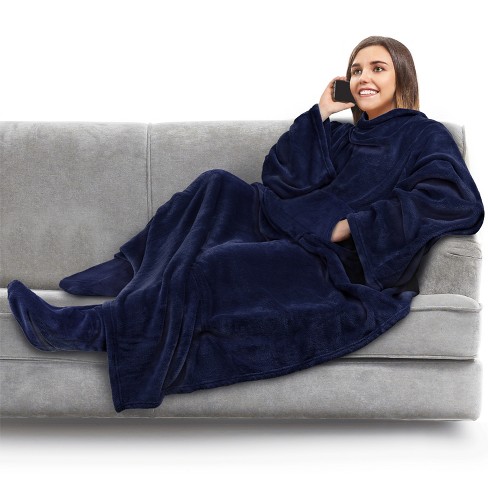 PAVILIA Wearable Blanket with Sleeves and Foot Pockets, Fleece Warm Snuggle  Pocket Sleeved Throw for Women Men Adults, Navy/Faux Shearling