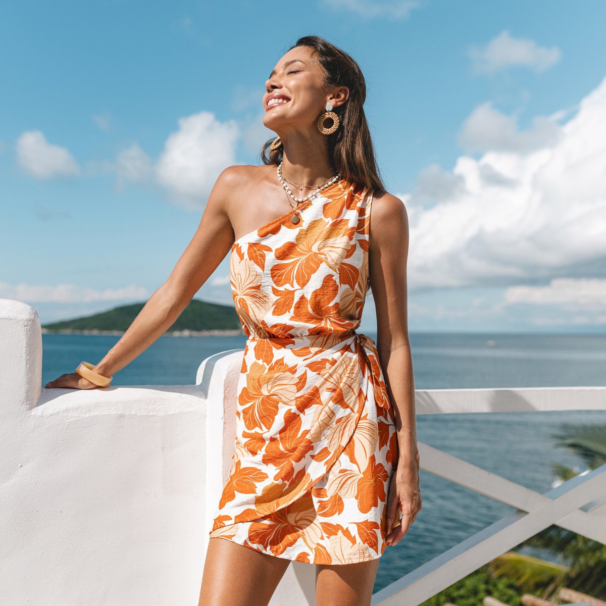 Женские платья Cupshe Women's One Shoulder Bodycon Tropical Print Beach Dress-M-Orange — фото 5