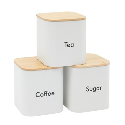 Juvale 3 Piece Set Sugar Tea Coffee Kitchen Canister Set, White Stainless Steel Containers with Bamboo Lids (54 oz)