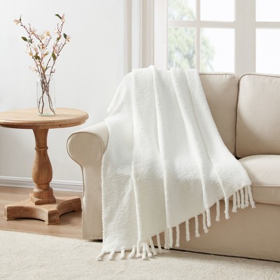 Kate Aurora Ultra Soft & Plush Miranda Ivory Fringed Accent Throw Blanket - 50 in. W x 60 in. L