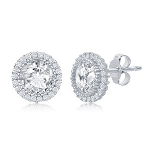 Bella Silver Sterling Silver 10mm Round CZ with Halo Stud Earrings - Silver - 1 of 2