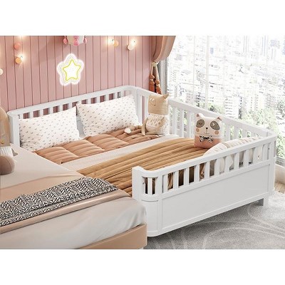 SeaCamel Kids Twin Bed with Safety Rails - Low Profile Wood Platform Bed Frame in White (Patented)
