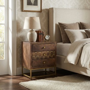 Airsurfer 3-Drawer Warm Wood and Gold Nightstand Contemporary Wooden Nightstand Bedroom Furniture for Bedroom Organization - 1 of 4