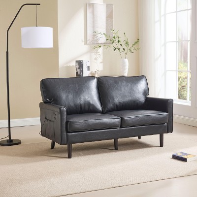 NicBex 56.3 Inch Loveseat,Modern PU Leather/Boucle Loveseat Sofa with Black Wood Legs,2-Seater Small Couch for Living Room,Bedroom