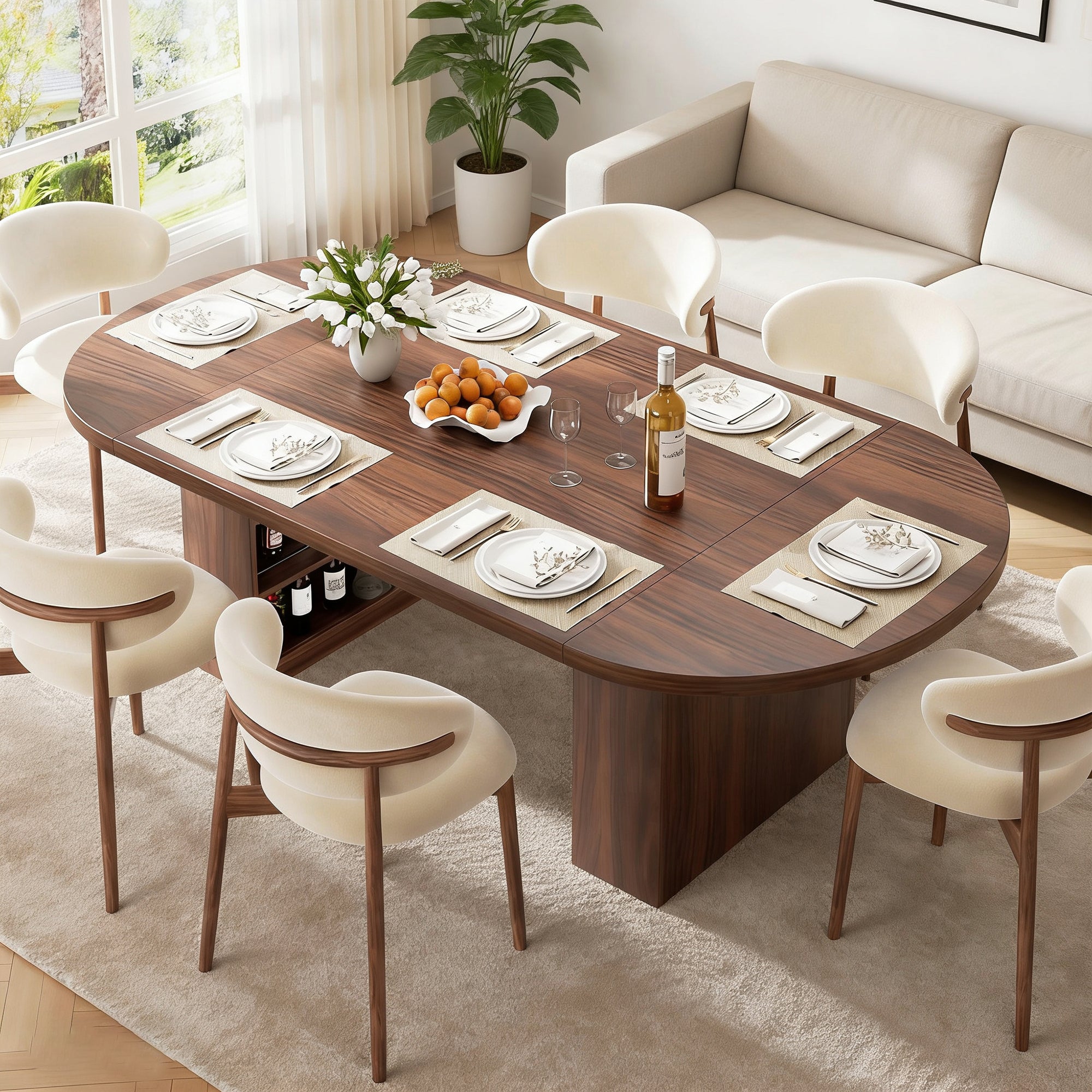 Molysoul 70.8" Oval Dining Table with 3-Tier Storage Shelf for 6–8, Sturdy Rectangular Base, Modern Dining Table for Kitchen & Living Room,Walnut