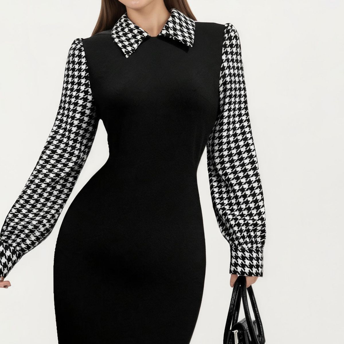 Anna-Kaci Women's Long Sleeve Houndstooth Collar Maxi Dress with Fitted Silhouette and Contrast Design - thumbnail 4