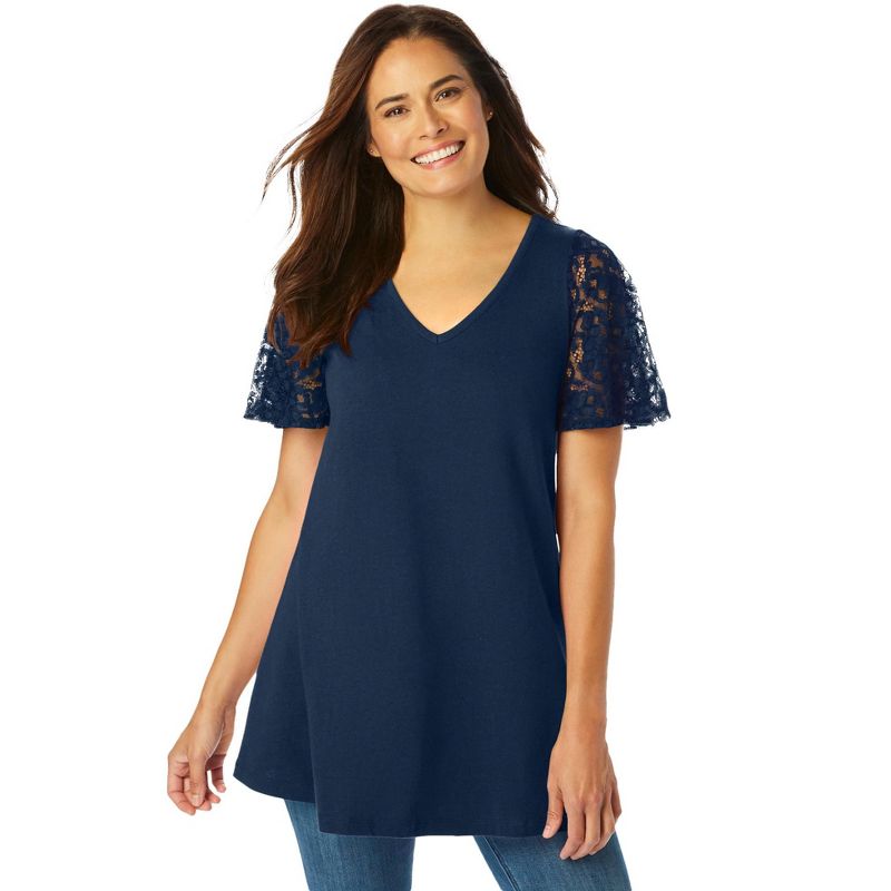 Woman Within Women's Plus Size Lace Sleeve Tunic, 1 of 3