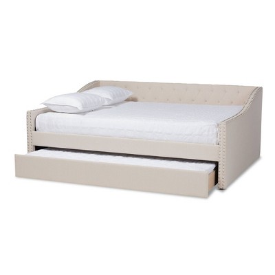 Beige Upholstered Full Size Daybed with Trundle and Nailhead Trim
