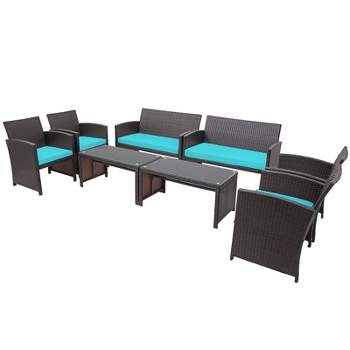 Tangkula 8PCS Outdoor Patio Furniture Sets Weather-Resistant Rattan Sofas w/ Soft Cushion Turquoise