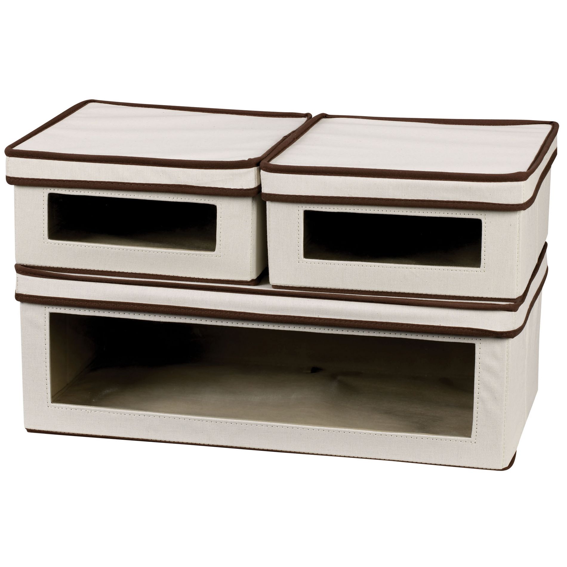 Vision Storage Box 3 Piece Set, Storage Box with Window, 2 Small and 1 Large, Solid Sides with Lids, Stacks and Folds Flat, Canvas with Brown Trim