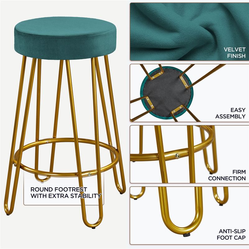 Yaheetech Set of 2 Upholstered Velvet Counter Stools with Metal Legs, 4 of 8