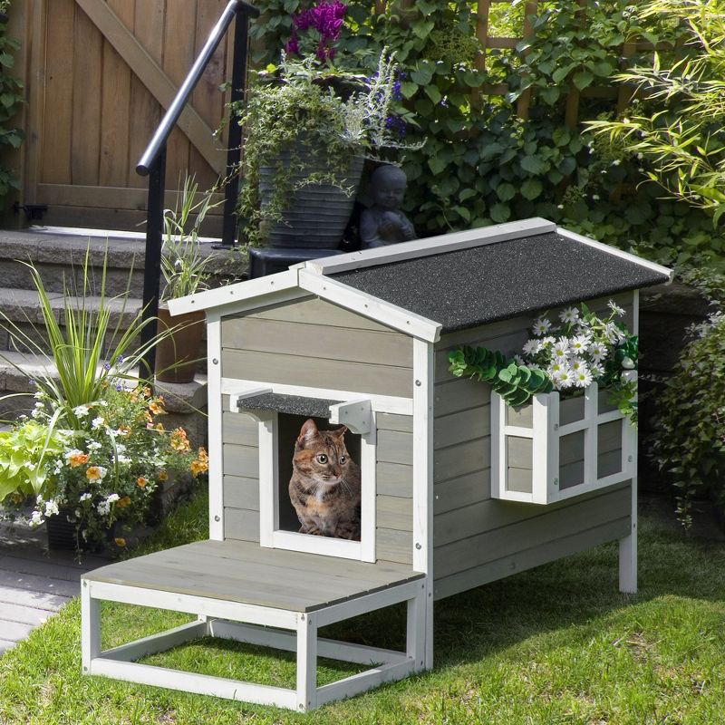 PawHut Wooden Wooden Cat House Feral Cat Shelter Kitten Condo with Escape Door, Porch and Flower Stand - Dark Gray/White, 3 of 9
