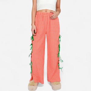 Anna-Kaci Lounge Women's Gingham Wide Leg Pants with Elastic Waistband Contrast Side Ribbon Tie Details and Relaxed Full-Length Fit - 1 of 4