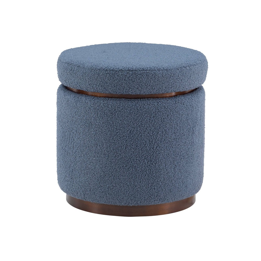 18" Blanche Transitional Round Wood and Boucle Upholstered Storage Ottoman Blue/Gray/Walnut - Linon