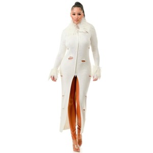 Slickblue Women's Long Faux Fur Maxi Coat, Collared and Cuffed Style with Stretch, White Outerwear, Size S-L - 1 of 4