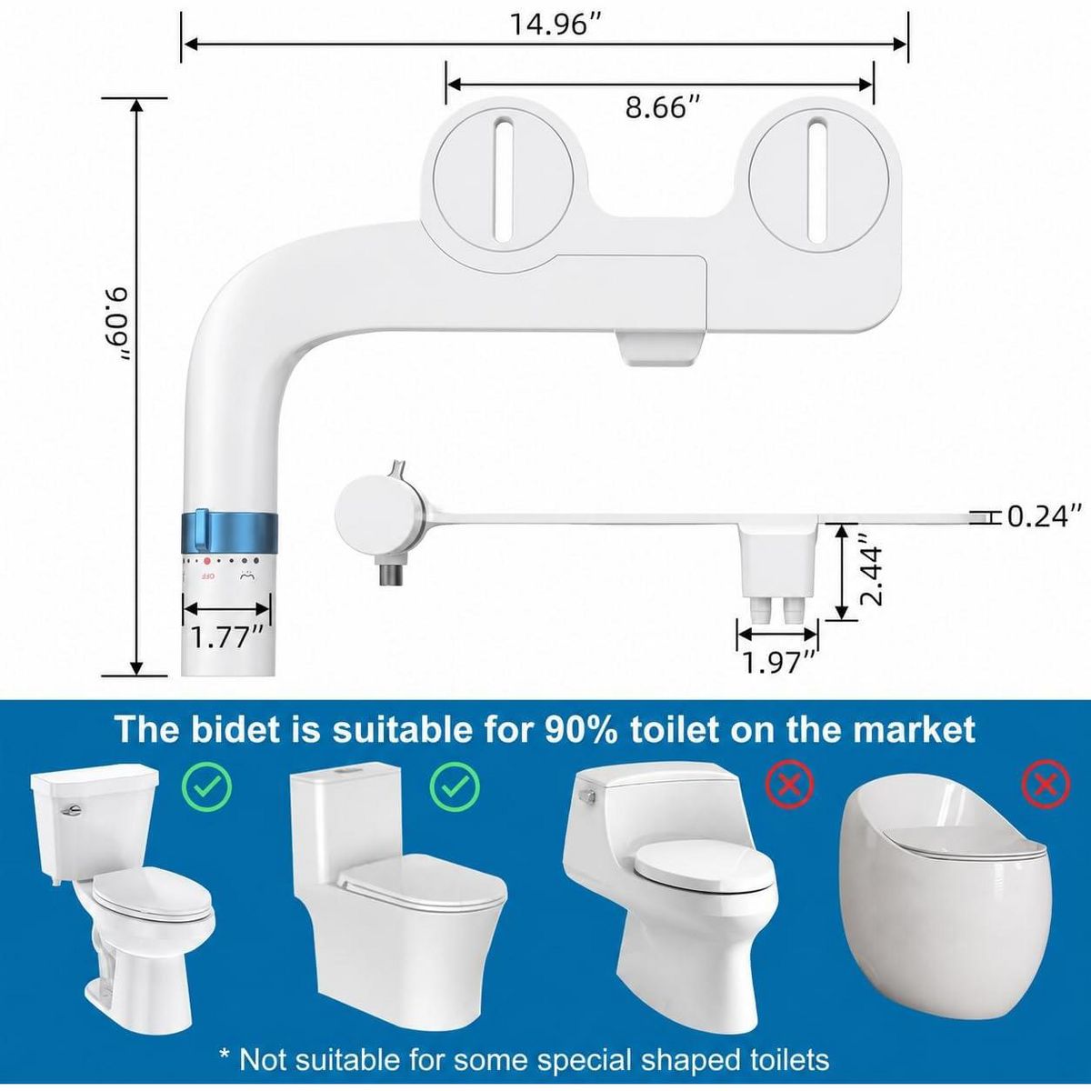 Ultra-Slim Bidet Attachment for Toilet, Non-Electric Cold Water Sprayer, Adjustable Pressure Dual Nozzle for Front/Rear Wash, Bathroom, White/Gray - thumbnail 10
