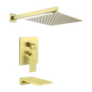 Cobbe Brushed Gold Wall Mounted Shower Kit with 10-Inch Square Rain Shower Faucet, Tub Faucet, 15.74-Inch Rain Shower Arm and Valve - 1 of 4