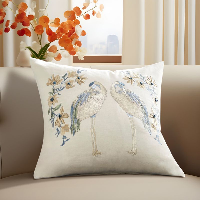 LIVN CO. Embroidered Crane-on-Blossom Square Decorative Pillow 18x18", 2 of 7