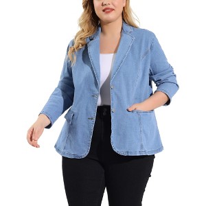 Agnes Orinda Women's Plus Size Denim Notched Lapel Color Block Stretch Blazers - 1 of 4