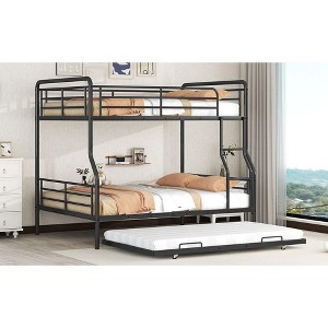 Okak Full XL Over Queen Metal Bunk Bed with Twin size Trundle Loft Bunk Bed with Ladder for Kids Teens, Easy Assemble, Black - 1 of 4