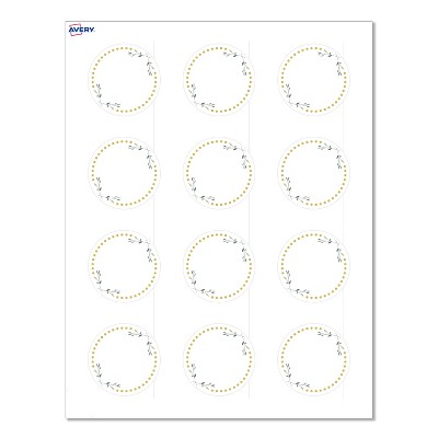 Avery Labels, 2" Diameter, Matte White, Green Florals w/ Gold Dots, 120ct