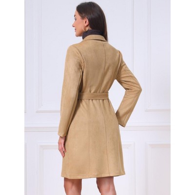 INSPIRE CHIC Women's Faux Suede Trench Notched Lapel Double Breasted Mid-Long Overcoat Fall Winter with Belt Medium Khaki — фото 3
