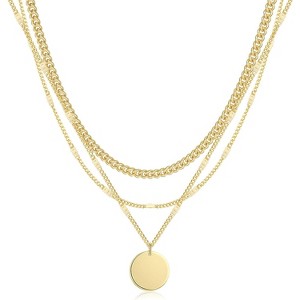 Stackable Layered Necklace 14K Gold Silver Plated CZ Circle Pendant Gift - 1 of 4