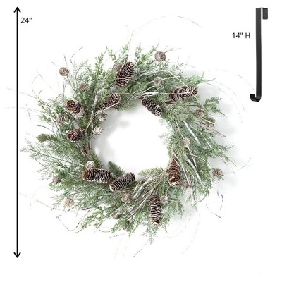 Sullivans Artificial Cedar and Pine Wreath and Hanger Set 24"H Wreath 14"H Hanger, Green & Black