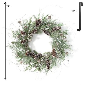 Sullivans Artificial Cedar and Pine Wreath and Hanger Set 24"H Wreath 14"H Hanger, Green & Black - 1 of 4