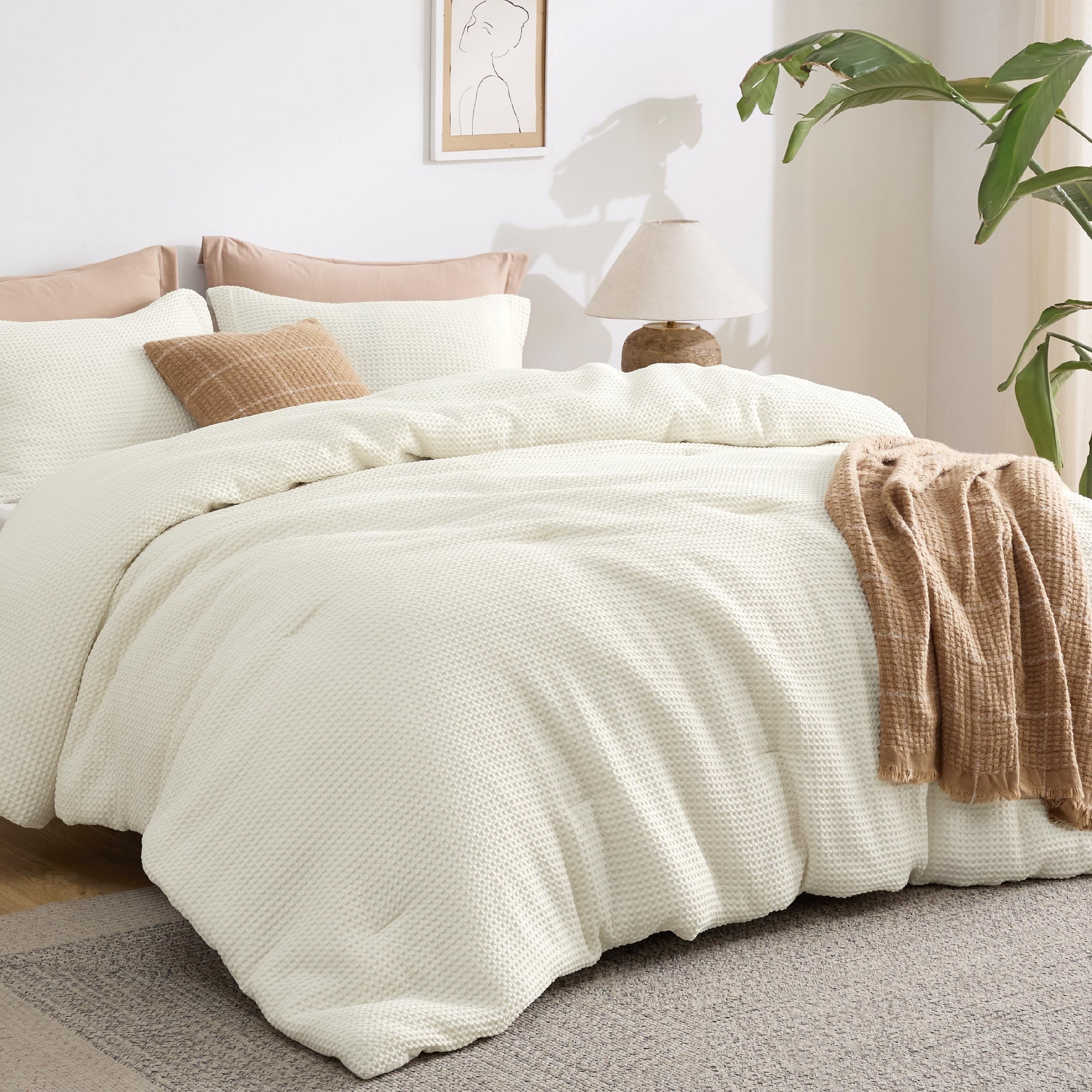 3 Pcs Queen Waffle Comforter Set - Soft, Breathable Coconut White Bedding with Comforter & 2 Shams