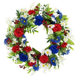 Northlight Mixed Floral Americana Wreath - 21" - Red, White and Blue - 1 of 4