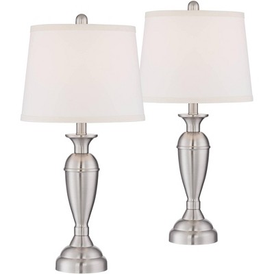 Regency Hill Modern Table Lamps 25" High Set of 2 Brushed Steel Metal White Drum Shade for Living Room Family Bedroom Bedside Nightstand