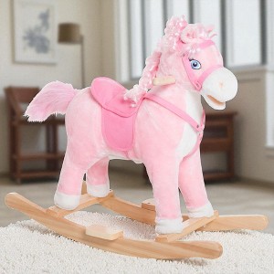 Mshliw Plush Rocking Horse for Kids 3+, Ride-On Toy with Sounds, Swinging Tail, Wooden Base, Soft Saddle & Footrests, Pink house, Halloween gift - 1 of 4