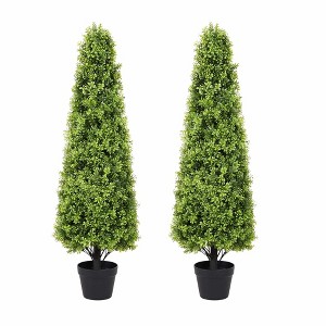 poetree Outdoor Artificial Boxwood Topiary Trees in Pot – Tower-Shaped Faux Shrubs, Set of 2, 2.5ft/3ft/4ft - 1 of 4