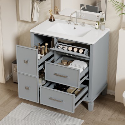 TiramisuBest 30 Inch Bathroom Vanity with Ceramic Sink, Flip-Out Drawer Design for Plumbing, Soft Close Drawers