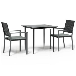vidaXL 3 Piece Patio Dining Set with Cushions Poly Rattan and Steel - 31.5" Table Length 2 Items Cushion Included - 1 of 4