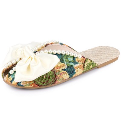 Perphy Women's Peep Toe Pearl Decor Slip-on Flat Slides Mules