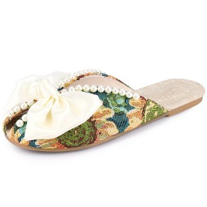 Perphy Women's Peep Toe Pearl Decor Slip-on Flat Slides Mules - 1 of 3