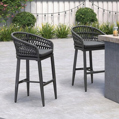 PURPLE LEAF Outdoor Rattan Bar Stools Set of 2 Modern Boho Aluminum Patio Bar Height Chair with Cushion for Garden Outdoor and Indoor