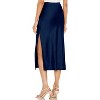 Women's Satin Midi Skirt - High Waist Slit Design with Comfortable Elastic Waistband Navy - 3 of 4