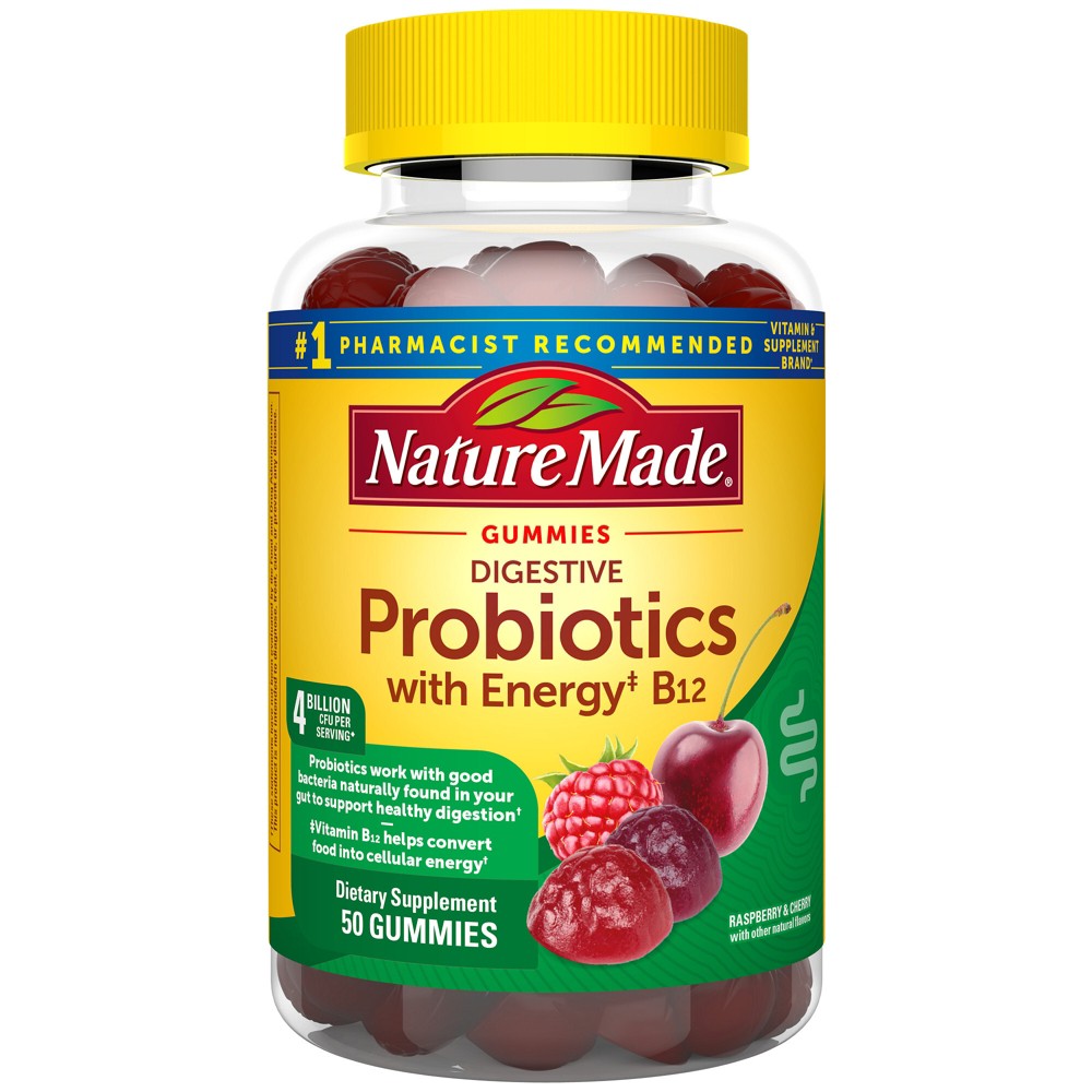 Nature Made Digestive Probiotics 4 Billion CFU per serving + Energy B12 Gummies - Raspberry & Cherry - 50ct