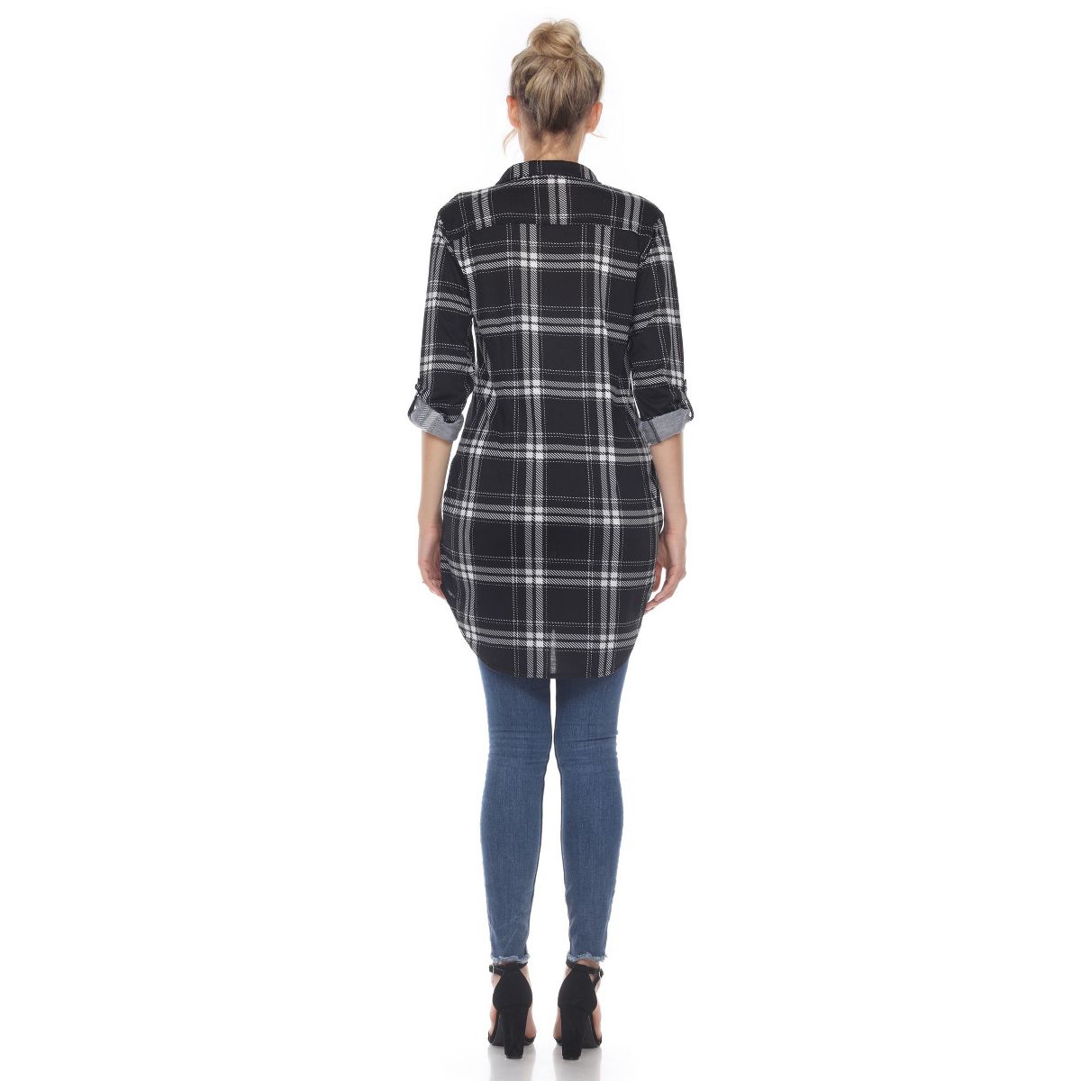 Women's Printed Plaid Roll Tab Tunic - White Mark - thumbnail 4