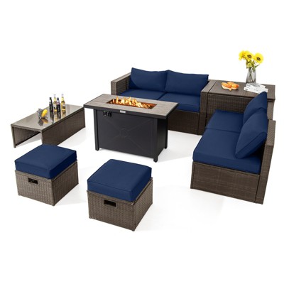 Tangkula 9 Pieces Outdoor Patio Furniture Set with 42" Propane Fire Pit Table Outdoor PE Wicker Space-Saving Sectional Sofa Set Black/Gray/Navy/Red/Turquoise/Off White