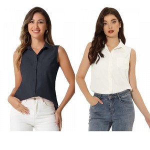 INSPIRE CHIC Women's Sleeveless Lapel V Neck Button Down Chambray Shirt 2 Packs - 1 of 4