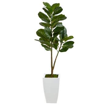 Nearly Natural 4’ Fiddle Leaf Fig Artificial Tree in White Metal Planter
